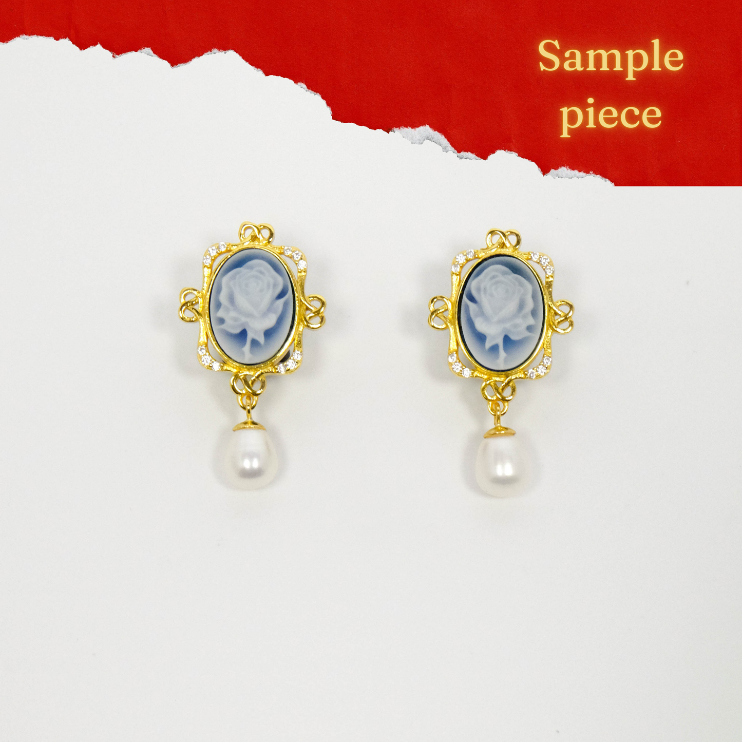 Sample Piece-Rose's Enchantment Blue Agate Cameo Earrings