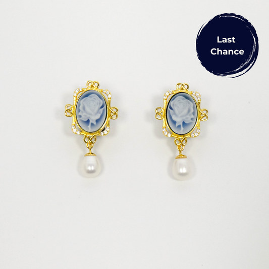 Sample Piece-Rose's Enchantment Blue Agate Cameo Earrings