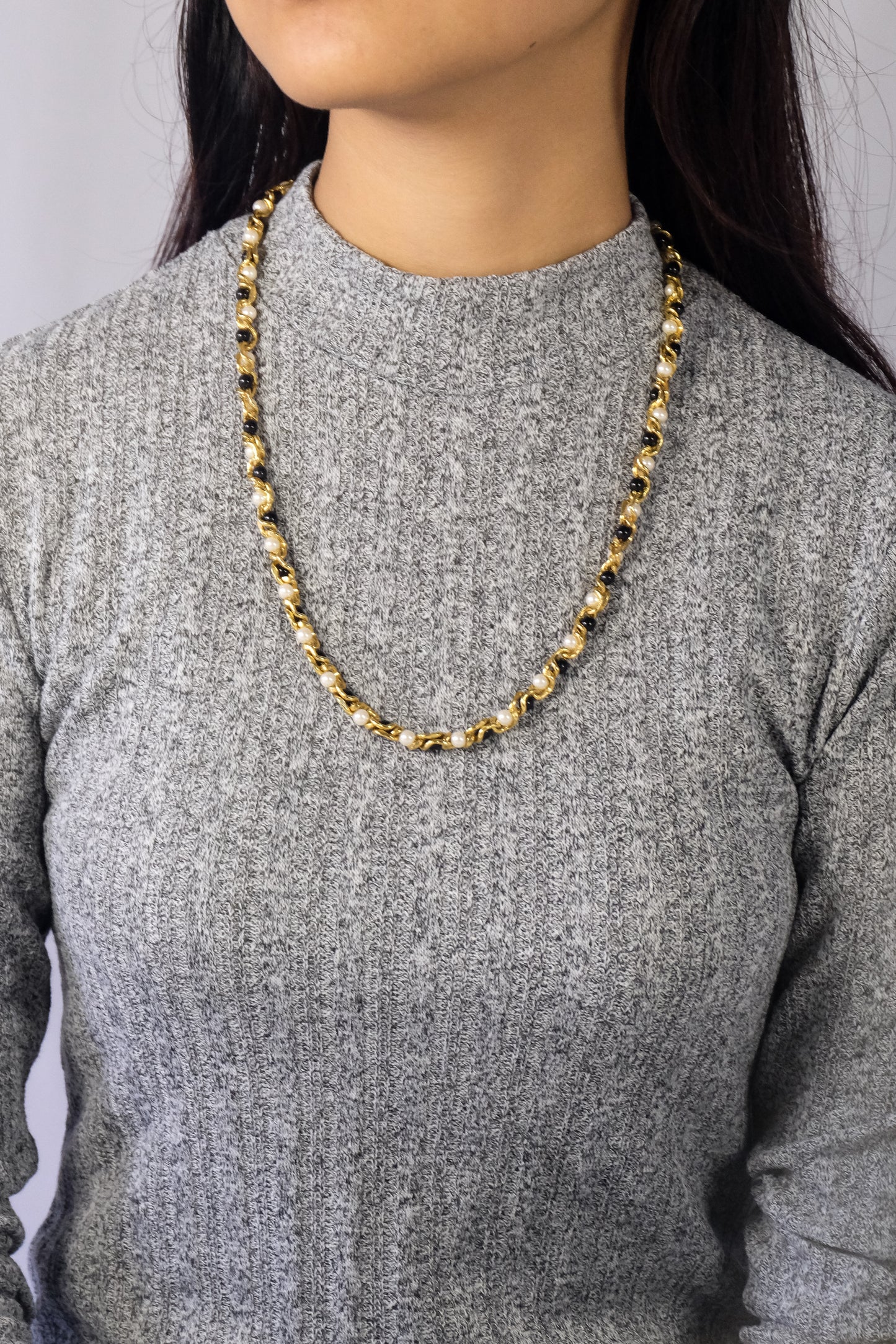 Vintage Gold Tone with Faux Pearl and Black Beads Matinee Necklace