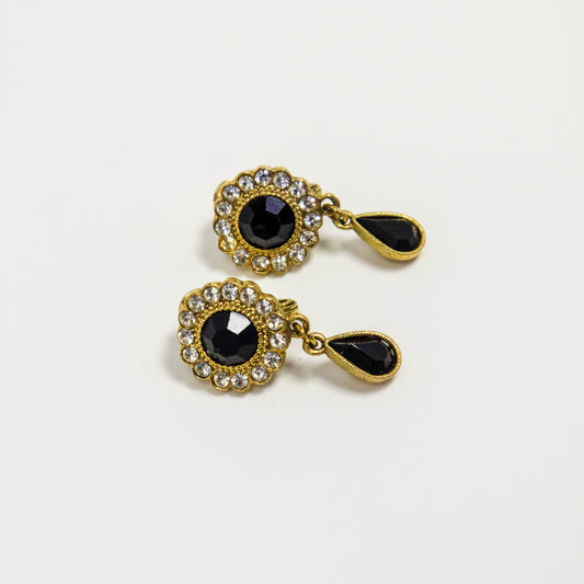 Vintage Gold Tone Black Faux Stone with Rhinestone Dangling Clip On Earrings