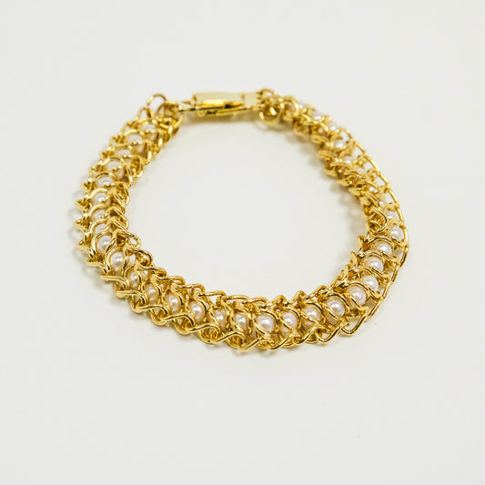 Vintage Gold Tone Vertebrae Bracelet with Caged Faux Pearls