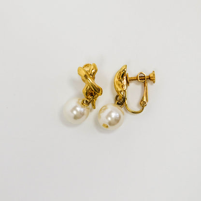 Vintage Napier Signed Gold Tone with Dangling Faux Pearl Screwback Earrings