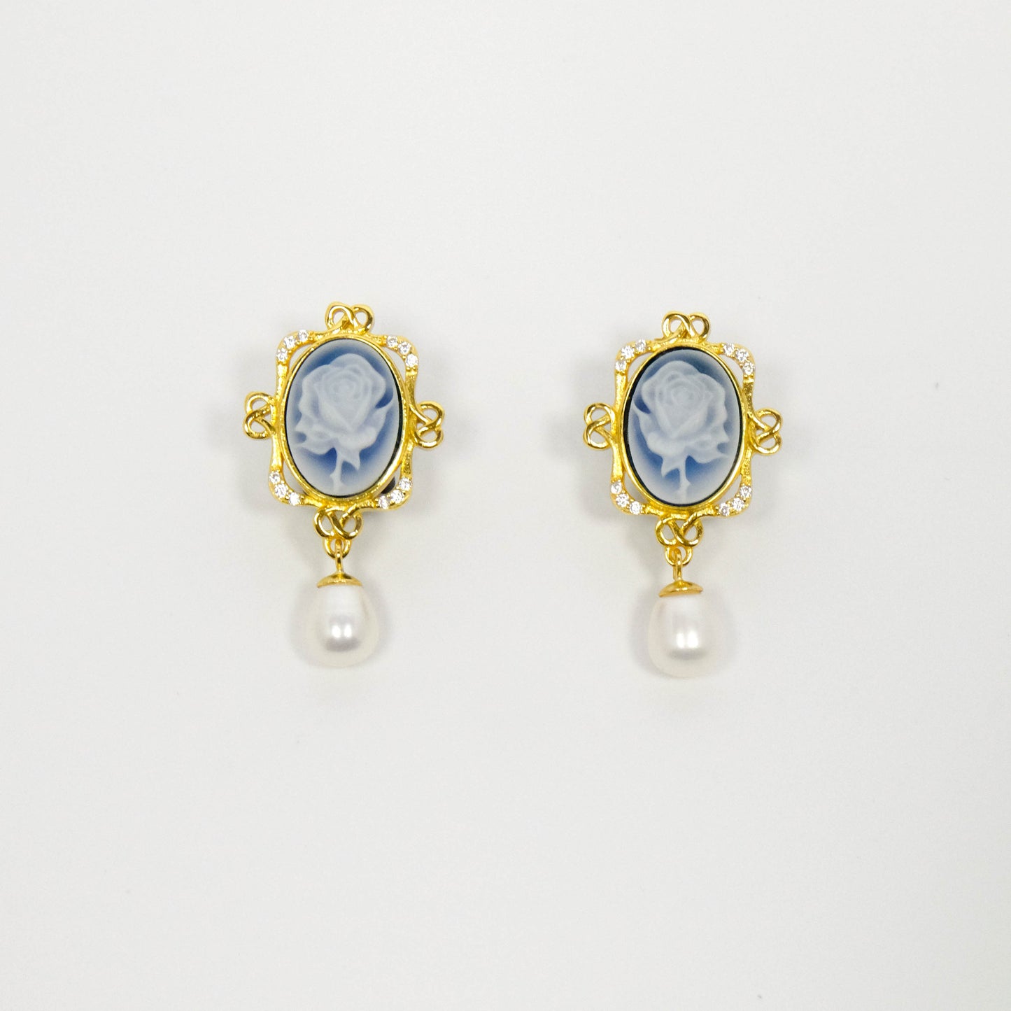 Rose's Enchantment Blue Agate Cameo Earrings