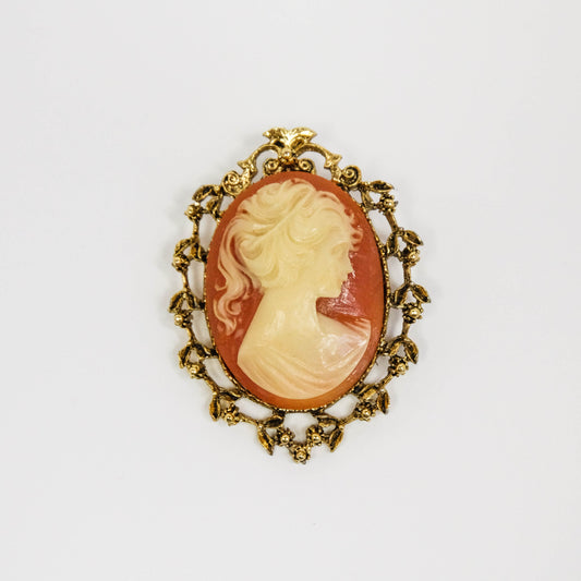 Vintage Gold Tone with Carved Lady on Orange Cameo Brooch