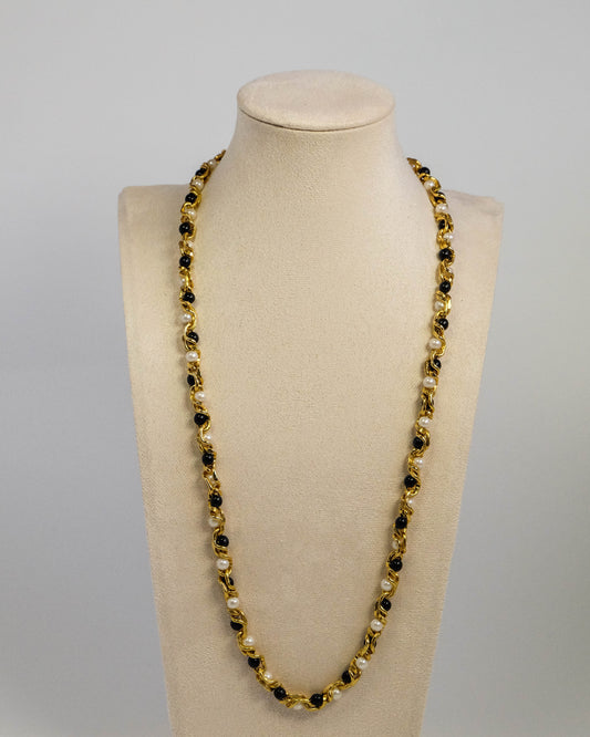 Vintage Gold Tone with Faux Pearl and Black Beads Matinee Necklace