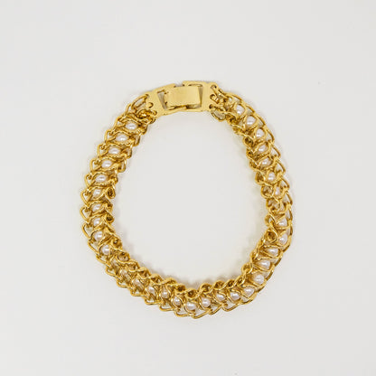 Vintage Gold Tone Vertebrae Bracelet with Caged Faux Pearls