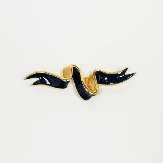 Vintage 80's Gold Tone with Navy Blue Enamel Ribbon Brooch