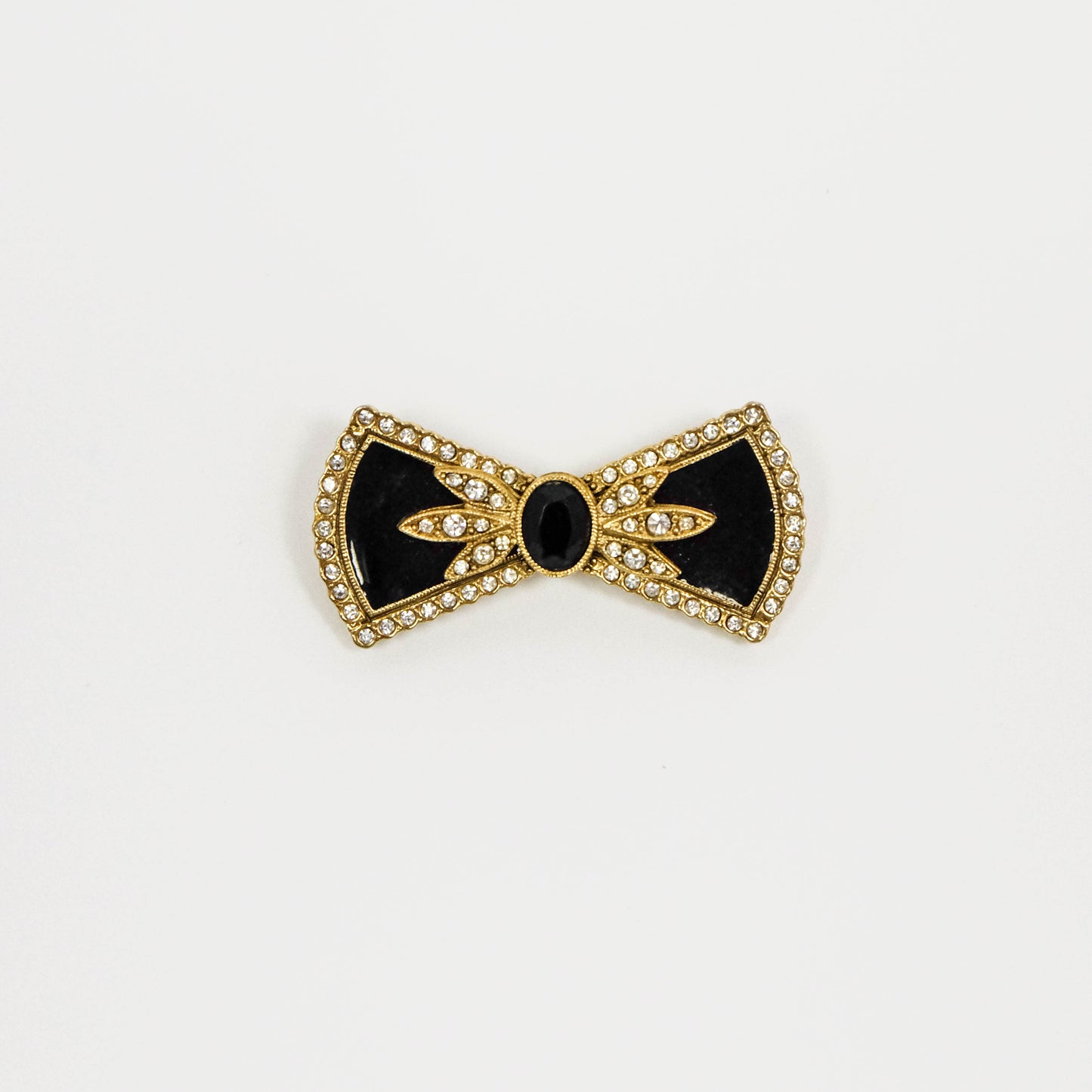 Vintage 80's Gold Tone Ribbon with Black Enamel and Rhinestones Brooch