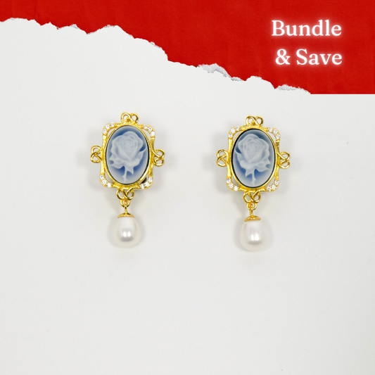 Rose's Enchantment Blue Agate Cameo Earrings